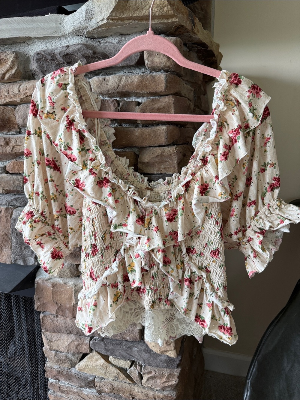 Free People Cream Floral Ruffle Blouse